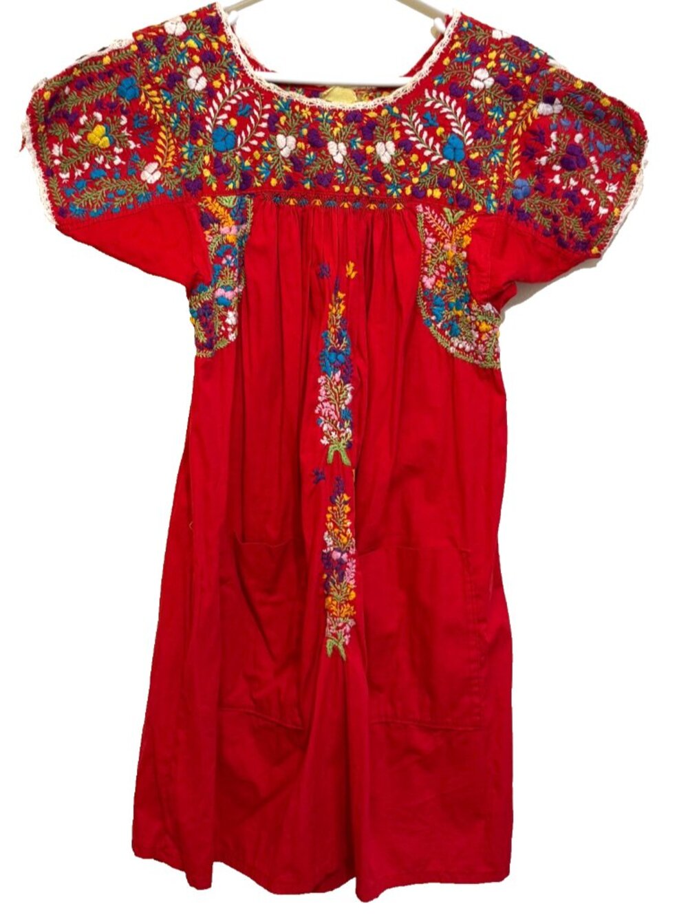 VINTAGE 70s OAXACA MEXICAN DRESS SIZE M RED EMBROIDERED CROCHET POCKETS COTTON